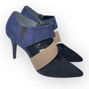 Trina Turk Heels 6.5 Navy Blue Black Tan Suede‎ Leather Point Toe Stiletto Strap